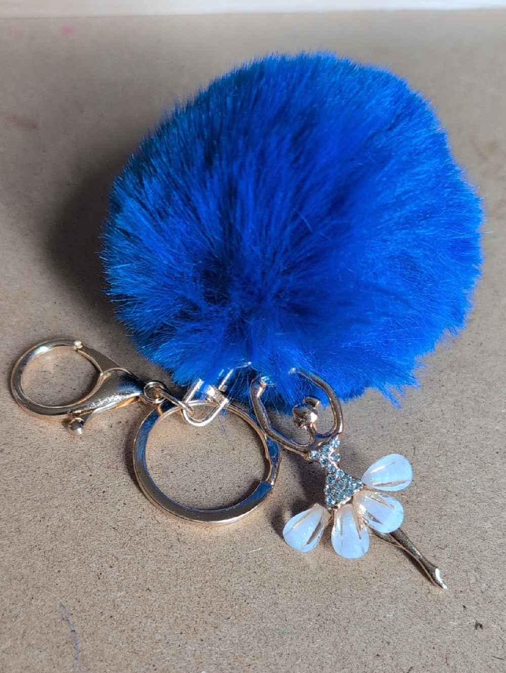 Blue Pom Pom Keychain with Gold Ballerina Charm